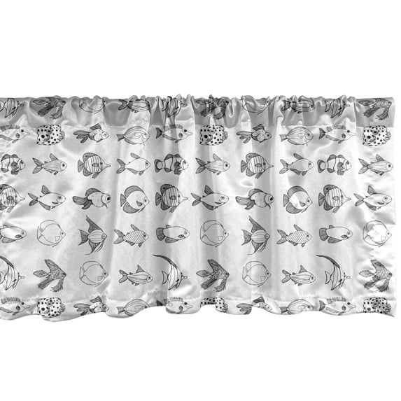 Ambesonne Nautical Window Valance, Bitonal Fish Sketch Boho, 42" x 18", Charcoal Grey White
