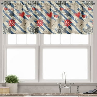 Ambesonne Nautical Window Valance, Grunge Wheel Heart, 54" X 18", Beige Red Blue
