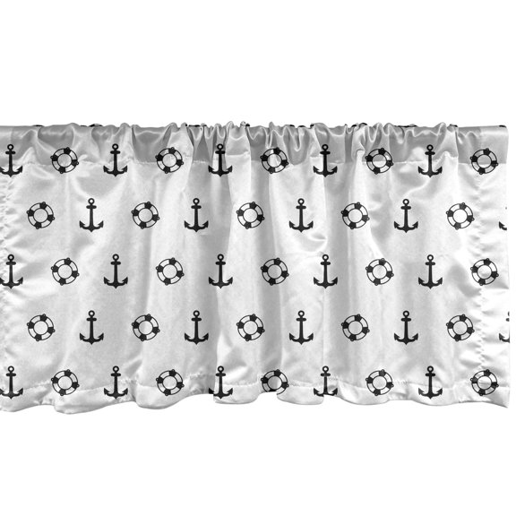 Ambesonne Nautical Window Valance, Maritime Theme Objects Anchors and Lifebuoys Pattern Navy Ocean High Seas, Curtain Valance for Kitchen Bedroom Decor with Rod Pocket, 54" X 12", Black and White