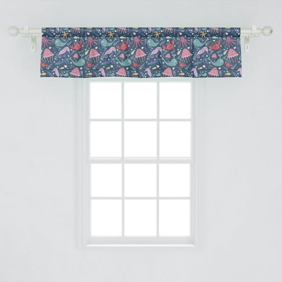 Ambesonne Nautical Window Valance, Underwater Wildlife Theme Marine Cartoon Pattern with Various Funny Sea Animals, Curtain Valance for Kitchen Bedroom Decor with Rod Pocket, 54" X 12", Multicolor