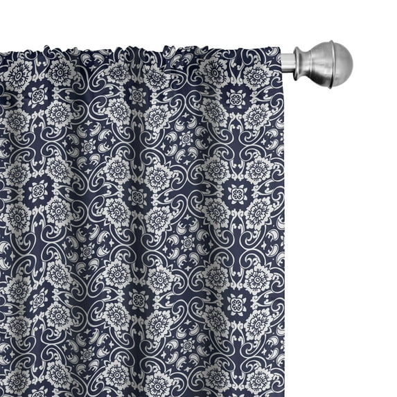 Ambesonne Navy Blue 4-Panel Curtains, Japanese Curves Flora, 56"x63", Navy Blue White