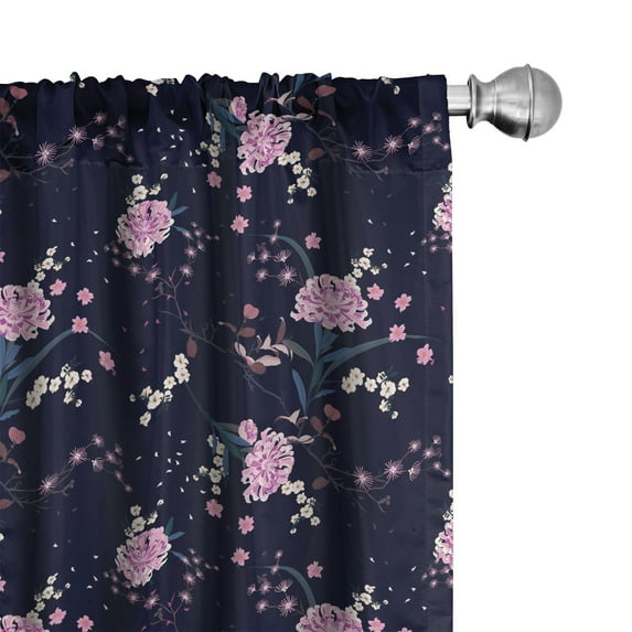 Ambesonne Navy Blue Window Curtains, Various Cherry Blossoms, Each 28" W x 63" L, Pale Pink Dark Indigo