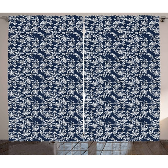 Ambesonne Navy Blue Curtains 2 Panel Set, Floral Botanic Design, 108" x 108", Dark Blue White