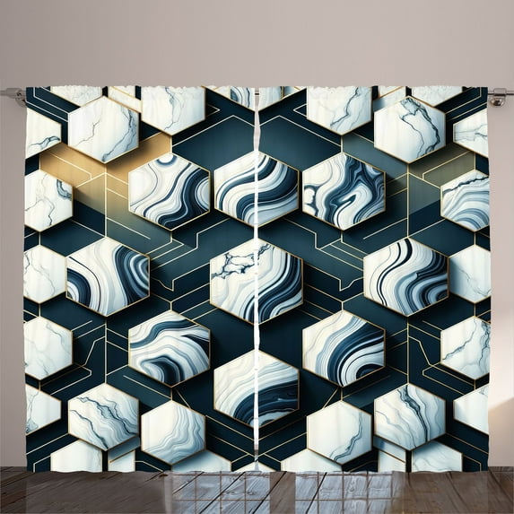 Ambesonne Navy Blue Curtains 2 Panel Set, Marble Honeycomb Print, 108" x 84", Dark Slate Blue Grey