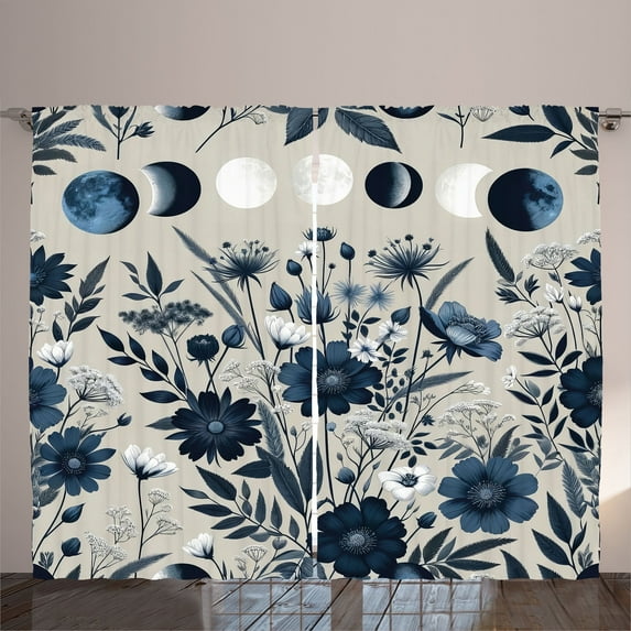 Ambesonne Navy Blue Curtains 2 Panel Set, Moon Phases and Flowers, 108" x 63", Night Blue Pale Grey
