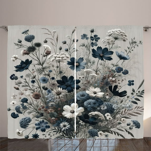 Ambesonne Navy Blue Curtains 2 Panel Set, Wildflowers Monochrome, 108" x 96", Dark Petrol Blue Coconut