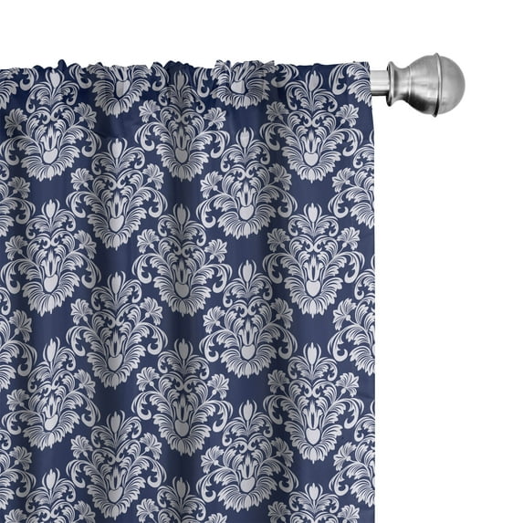Ambesonne Navy Blue Curtains, Floral Antique Damask, Pair of 28"x63", Dark Blue White