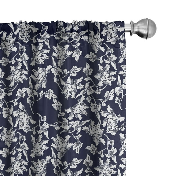 Ambesonne Navy Blue Curtains, Floral Botanic Design, Pair of 28"x63", Dark Blue White