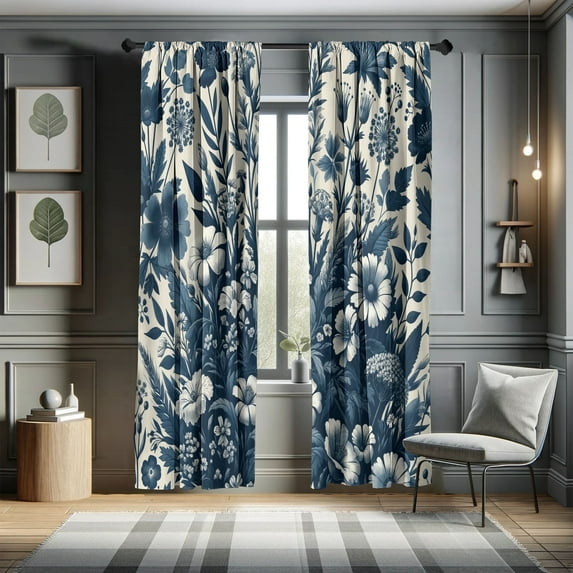 Ambesonne Navy Blue Curtains, Monochromatic Boho Daisy, Pair of 28"x95", Dark Slate Blue Coconut