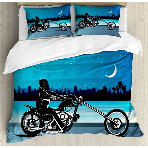 Ambesonne Navy Blue Duvet Cover Set, Chopper Motorcycle, 2-Calking, Black Navy