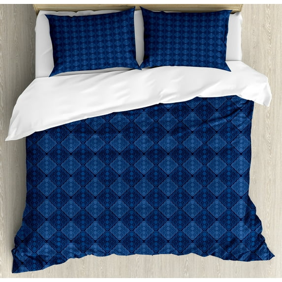 Ambesonne Navy Blue Duvet Cover Sets, Damask Weaving Designs, 2-King, Indigo