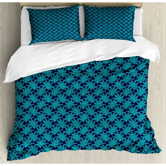 Ambesonne Navy Blue Duvet Cover Sets, Exotic Jungle Leaf Motifs, 2-King, Dark Seafoam Indigo