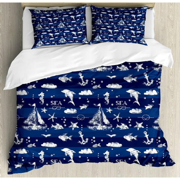 Ambesonne Navy Blue Duvet Cover Sets, Grunge Anchor Ship, 2-King, Blue White