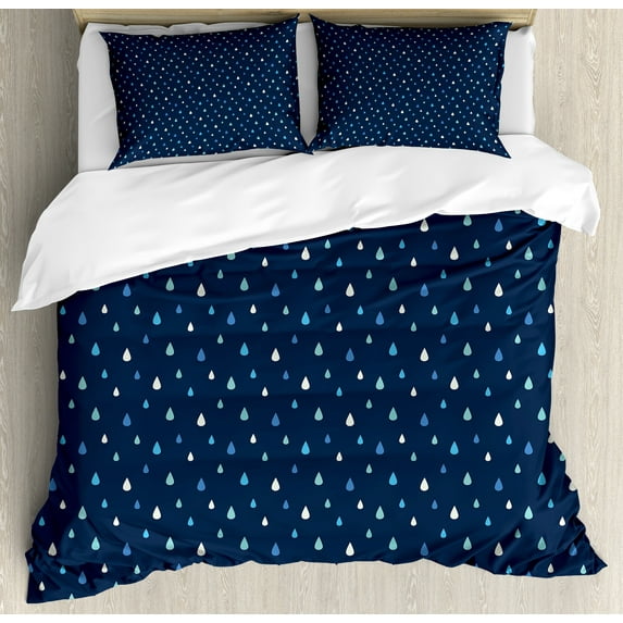 Ambesonne Navy Blue Duvet Cover Sets, Indigo Rain Drops, 2-Queen, Turquoise Pale Blue