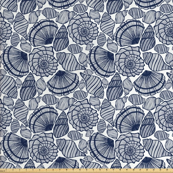 Ambesonne Navy Blue Fabric by the Yard Upholstery, Aquatic Animals Lines, 10 Yards, Dark Blue White