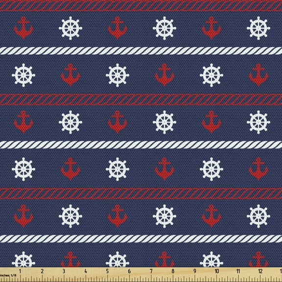Ambesonne Navy Blue Fabric by the Yard Upholstery, Nautical Borders, 3 Yards, Red White Dark Blue