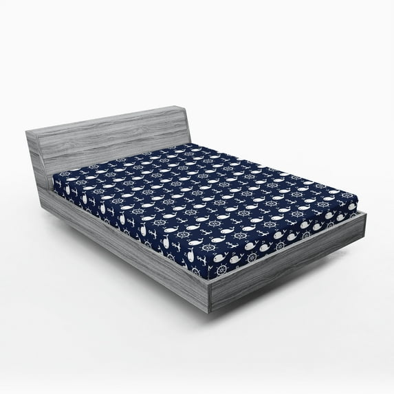 Ambesonne Navy Blue Fitted Sheet 2 Pcs Set, Maritime Anchor Whale, Full, Navy Blue White