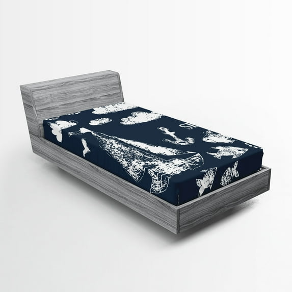 Ambesonne Navy Blue Fitted Sheet, Boat Clouds Anchor, Twin XL Size, Navy White