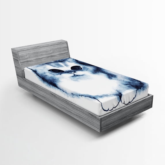 Ambesonne Navy Blue Fitted Sheet, Cat Kitty Design, Twin Size, Grey White