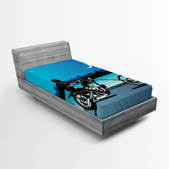 Ambesonne Navy Blue Fitted Sheet, Chopper Motorcycle, Twin Size, Black Navy