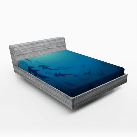 Ambesonne Navy Blue Fitted Sheet, Hammerhead Shark, Queen Size, Navy Blue
