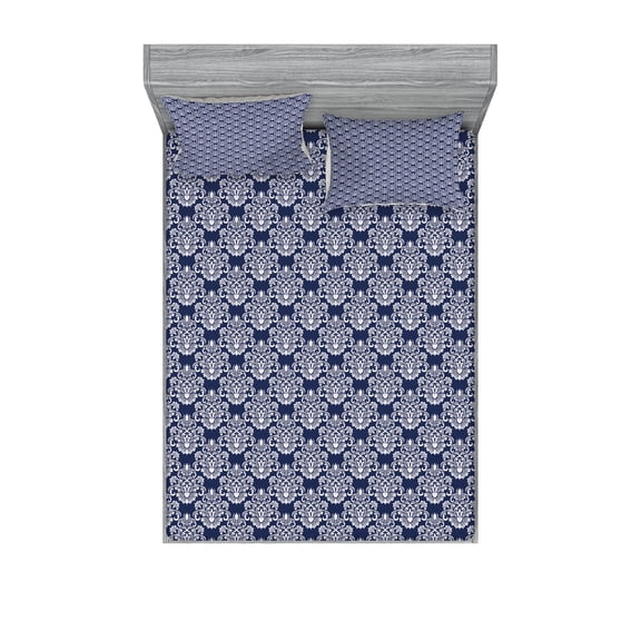 Ambesonne Navy Blue Fitted Sheet & Pillow Sham Set, Floral Antique Damask, King, Dark Blue White