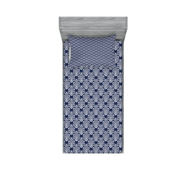 Ambesonne Navy Blue Fitted Sheet & Pillow Sham Set, Floral Antique Damask, Twin, Dark Blue White