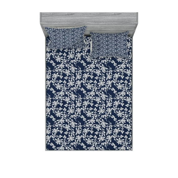 Ambesonne Navy Blue Fitted Sheet & Pillow Sham Set, Floral Botanic Design, Full, Dark Blue White