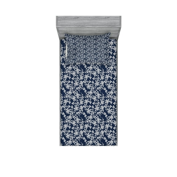 Ambesonne Navy Blue Fitted Sheet & Pillow Sham Set, Floral Botanic Design, Twin, Dark Blue White