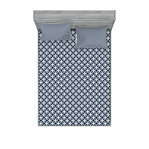 Ambesonne Navy Blue Fitted Sheet & Pillow Sham Set, Geometric Marine, Calking, Dark Blue White