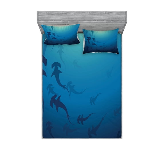 Ambesonne Navy Blue Fitted Sheet & Pillow Sham Set, Hammerhead Shark, Full, Navy Blue