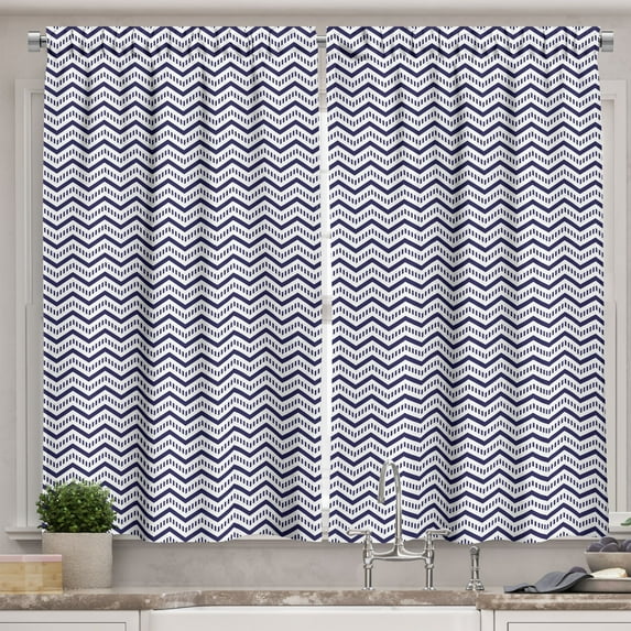 Ambesonne Navy Blue Kitchen Curtains, Chevron Dashed Lines, 55"x39", Navy Blue White