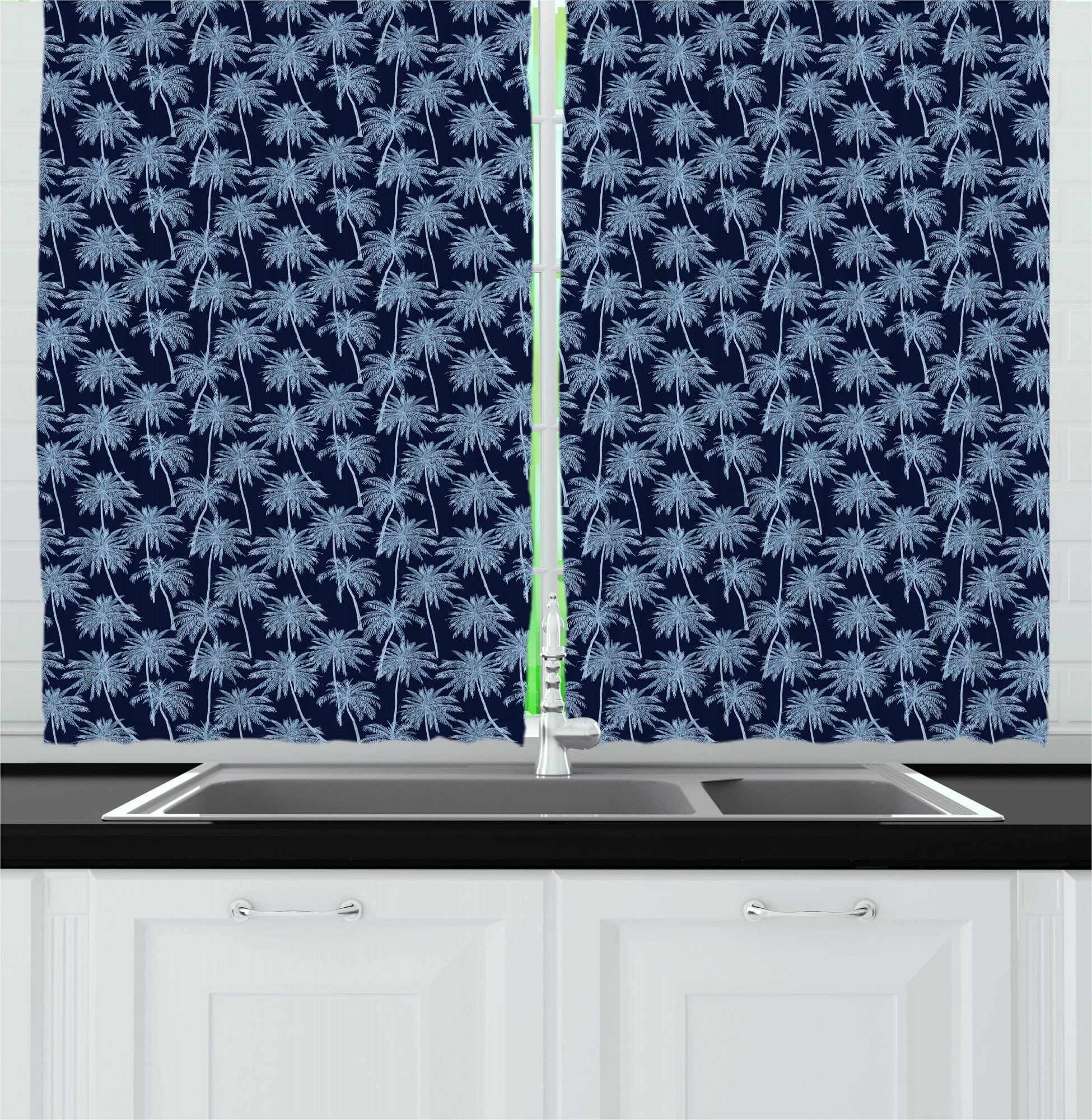 Ambesonne Navy Blue Kitchen Curtains, Palm Trees Composition, 55"x45