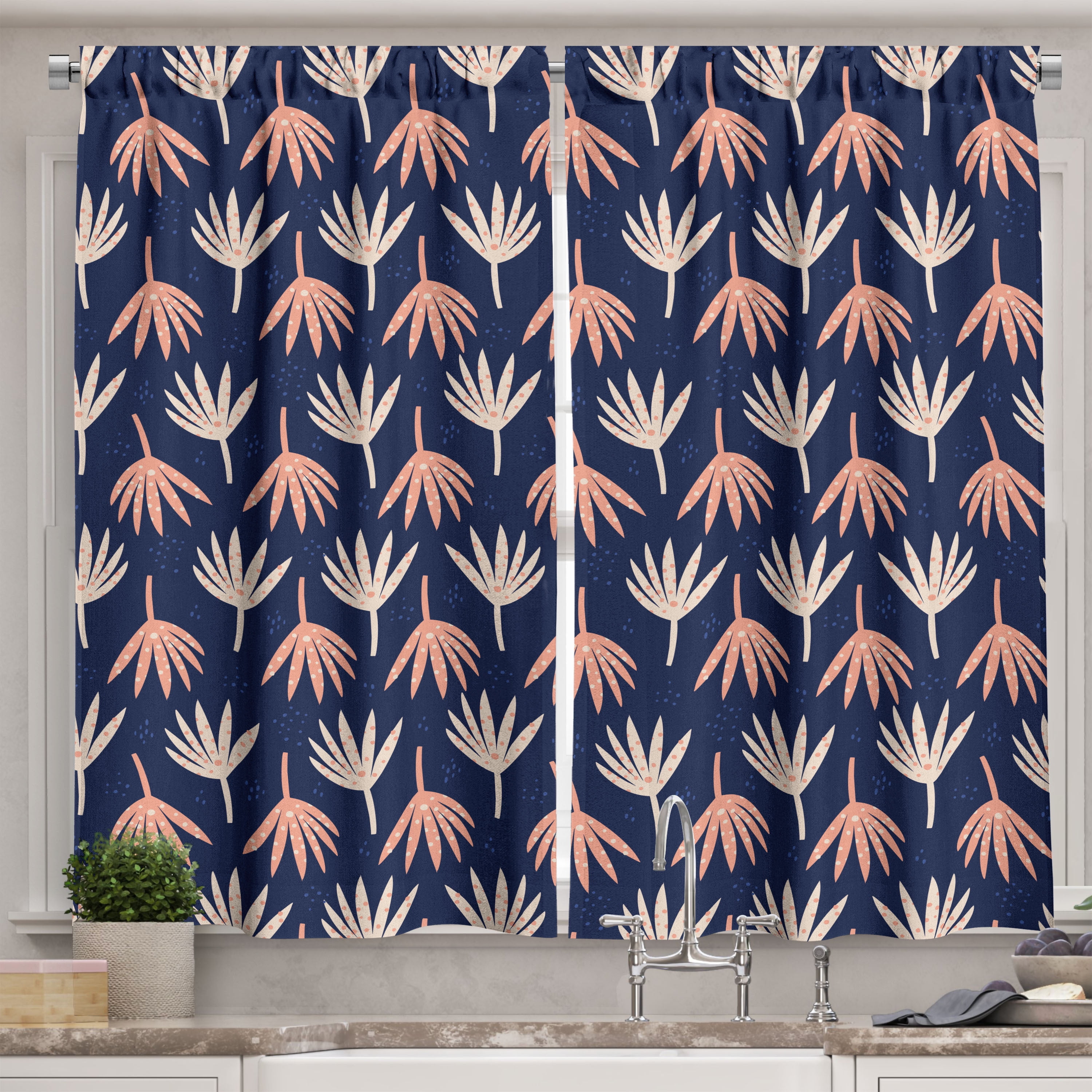 Ambesonne Navy Blue Kitchen Curtains, Pastel Abstract Plant, 55"x45 ...