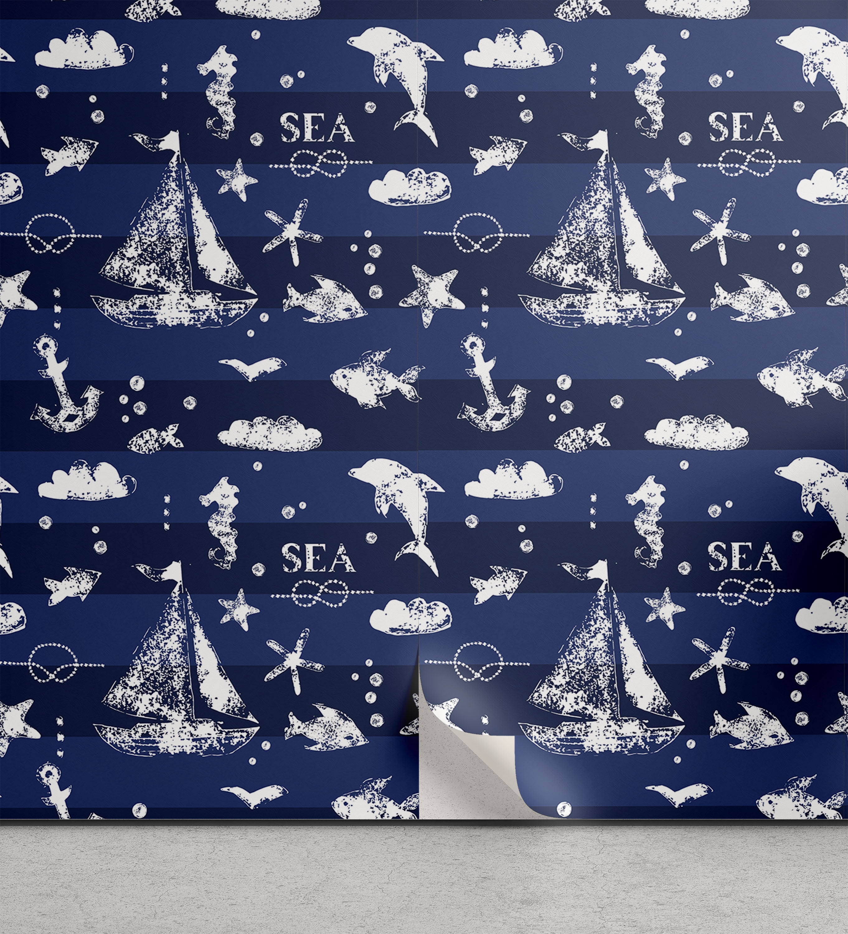 Ambesonne Navy Blue Peel & Stick Wallpaper for Home, Grunge Anchor Ship, 13"x72", Blue White