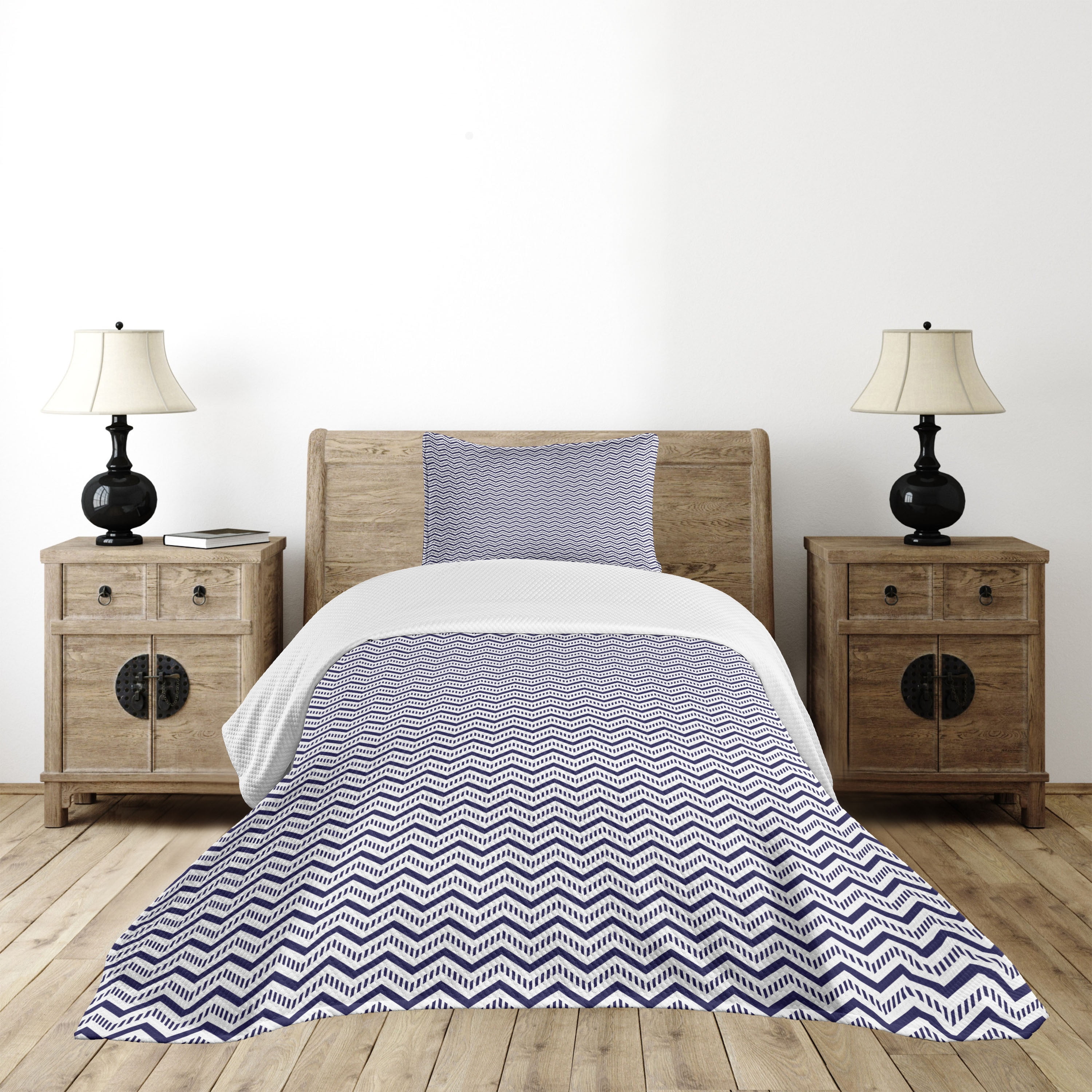 Navy Blue Chevron Quilted Twin Bedspread Set with Pillow Sham