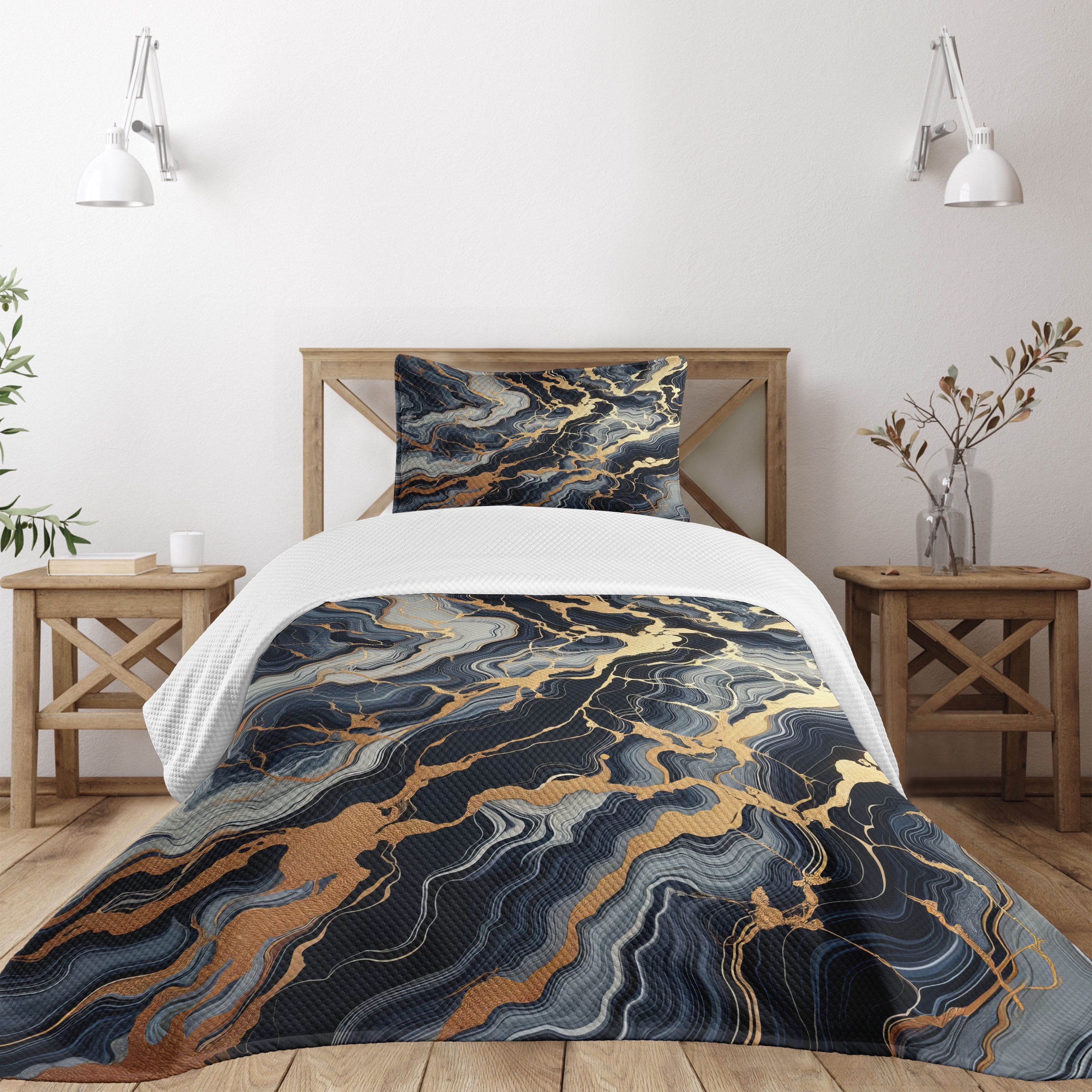 Twin Quilted Bedspread Set with Orange and Slate Blue Marble Print