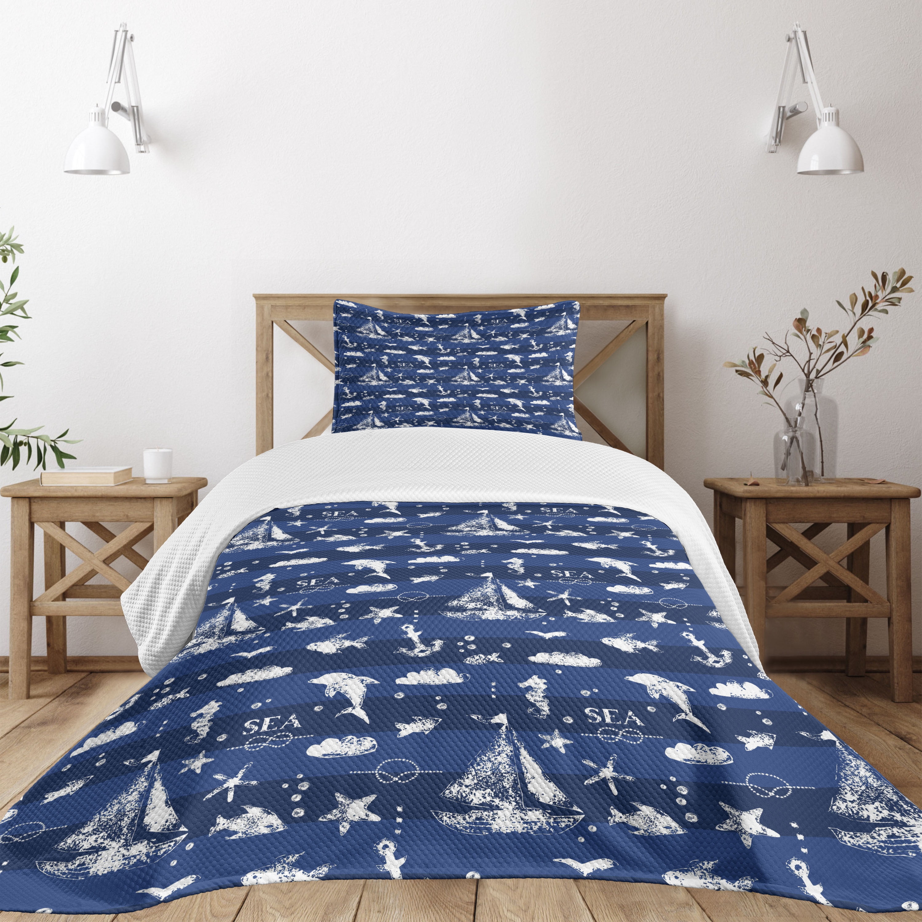 Navy Blue Quilted Twin Bedspread Set with Nautical Design