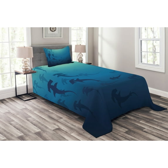 Ambesonne Navy Blue Quilted Bedspread Set 2 Pcs, Hammerhead Shark, Twin Size, Navy Blue