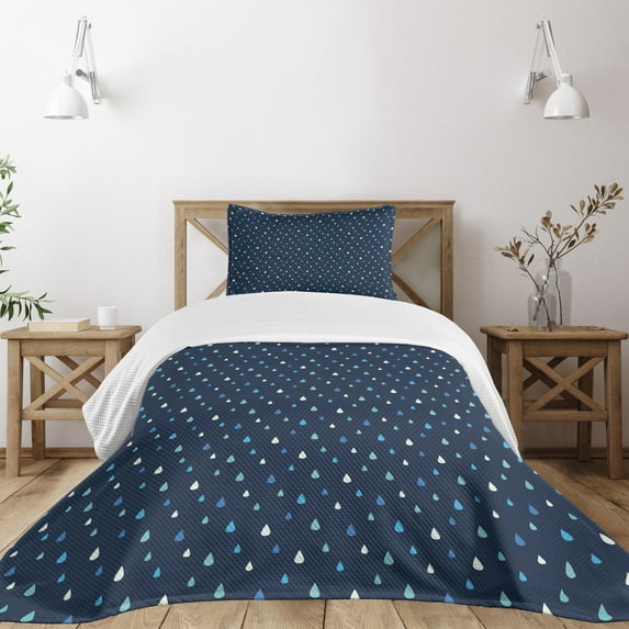 Ambesonne Navy Blue Quilted Bedspread Set 2 Pcs, Indigo Rain Drops, Twin Size, Turquoise Pale Blue