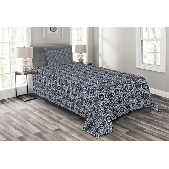 Ambesonne Navy Blue Quilted Bedspread Set 2 Pcs, Japanese Curves Flora, Twin Size, Navy Blue White