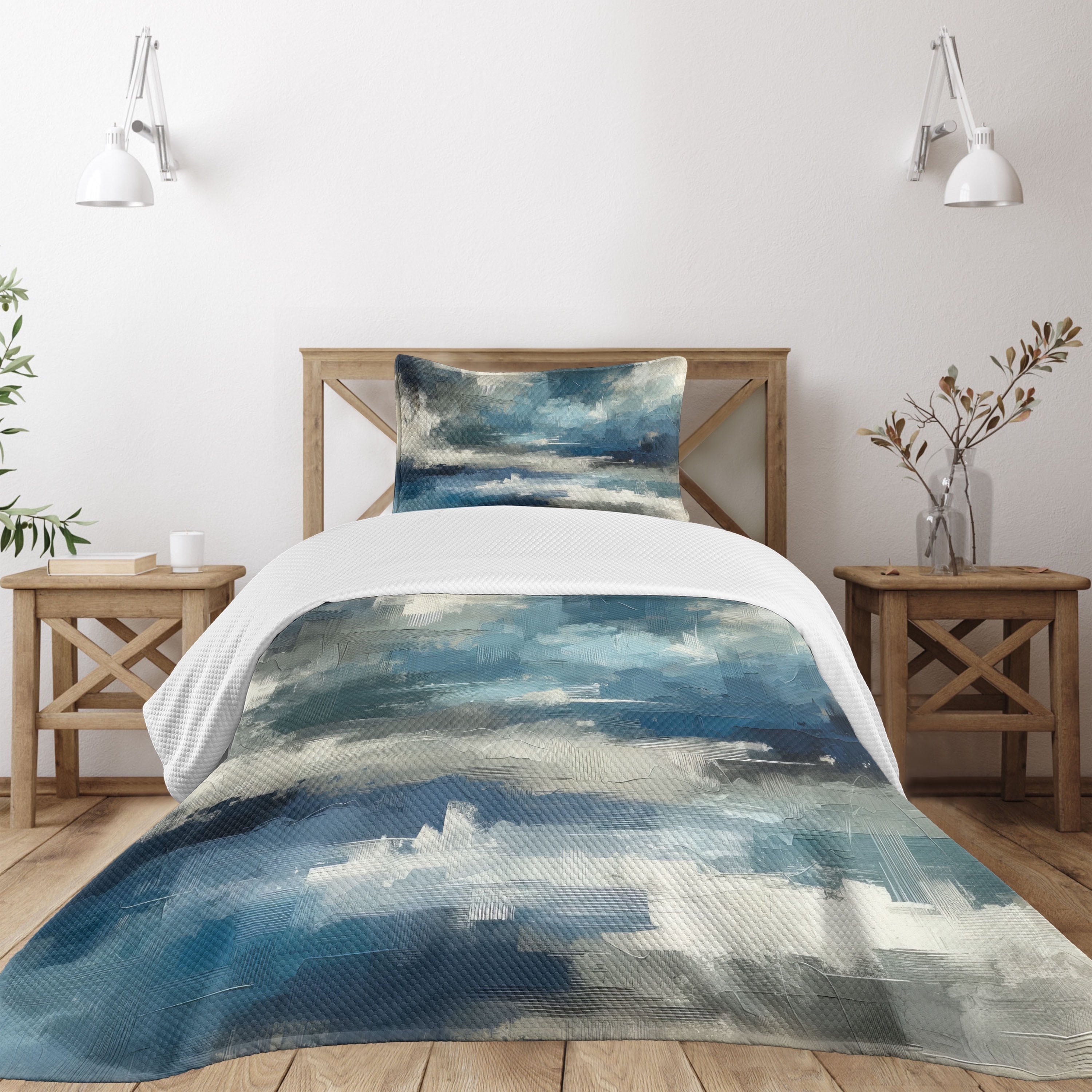 Twin Blue Quilted Bedspread Set with Pillow Sham