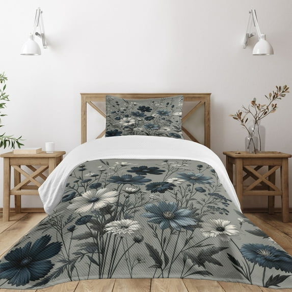 Ambesonne Navy Blue Quilted Bedspread Set 2 Pcs, Monochromatic Wildflowers, Twin Size, Coconut Dark Petrol Blue