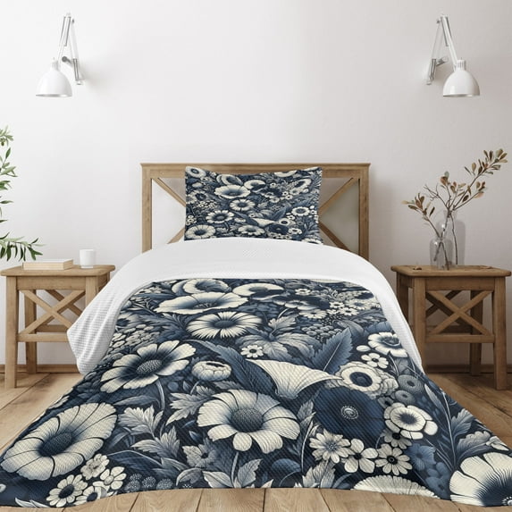 Ambesonne Navy Blue Quilted Bedspread Set 2 Pcs, Night Floral Garden Print, Twin Size, Coconut Dark Slate Blue