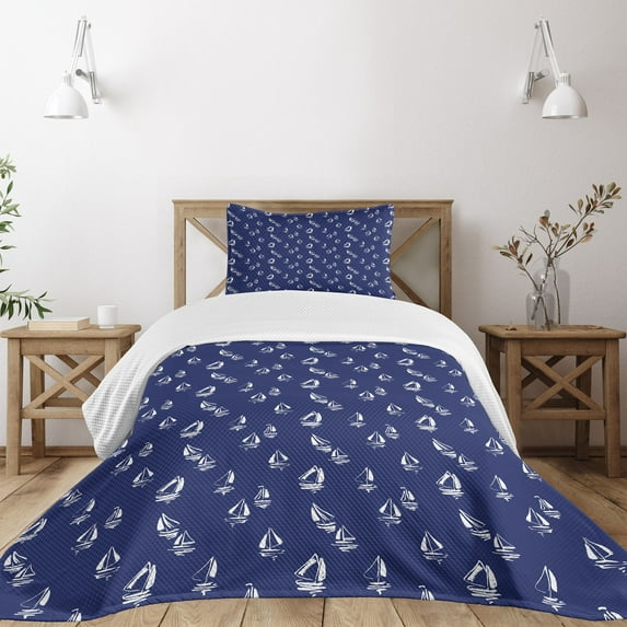 Ambesonne Navy Blue Quilted Bedspread Set 2 Pcs, Sailing Yacht Doodle, Twin Size, Dark Blue White