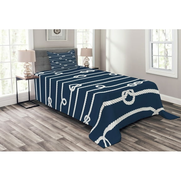 Ambesonne Navy Blue Quilted Bedspread Set 2 Pcs, Sailor Knots Marine, Twin Size, White and Blue