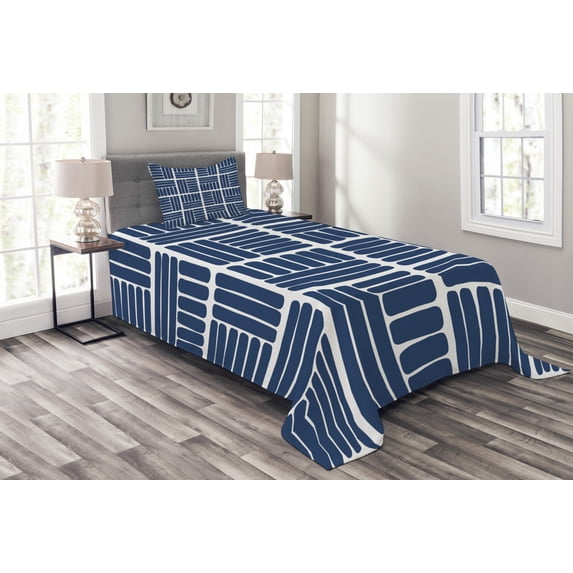 Ambesonne Navy Blue Quilted Bedspread Set 2 Pcs, Stripes in Squares, Twin Size, Night Blue and White