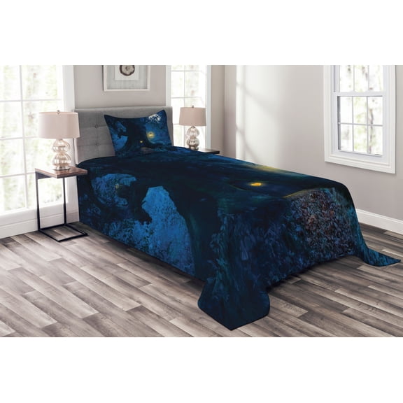 Ambesonne Navy Blue Quilted Bedspread Set 2 Pcs, Tree in Woods, Twin Size, Navy Blue