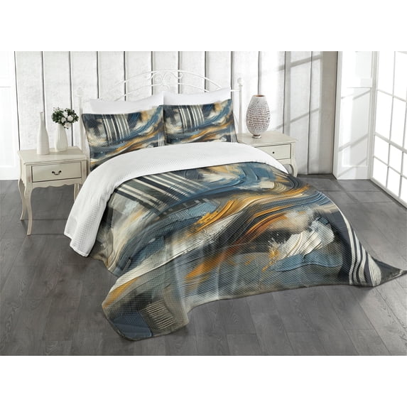 Ambesonne Navy Blue Quilted Bedspread Set 3 Pcs, Abstract Art Brushstroke, King Size, Orange Slate Blue and Grey