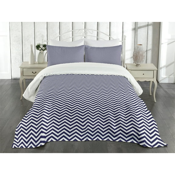 Ambesonne Navy Blue Quilted Bedspread Set 3 Pcs, Chevron Marine Colors, Queen Size, Dark Purple White